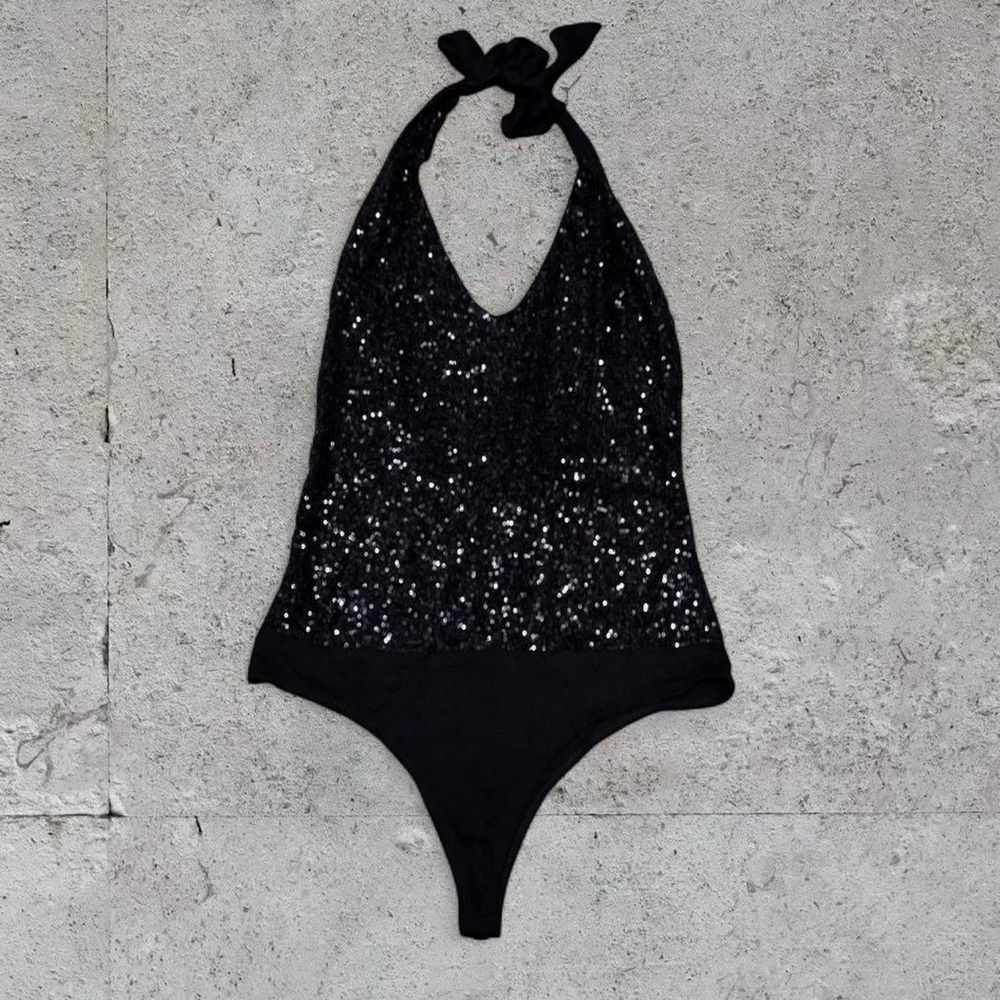 VaVaVoom Vintage Y2K Black Sequin Halter Top Bodysuit